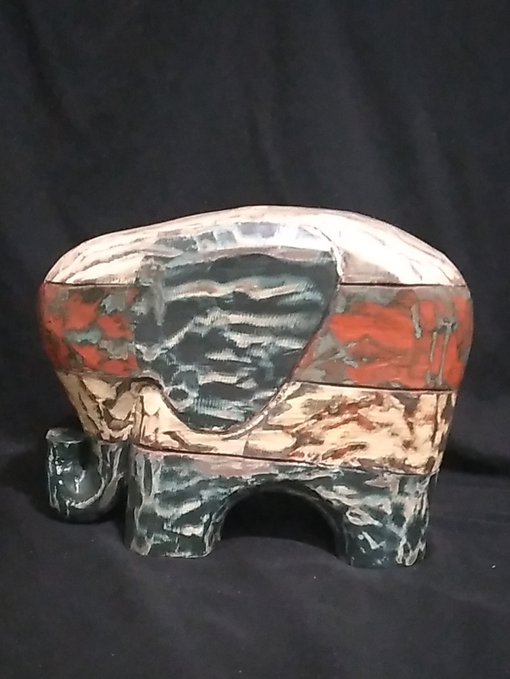 Vintage Wood Handcrafted Red White & Blue Elephant Sculpture (B8)